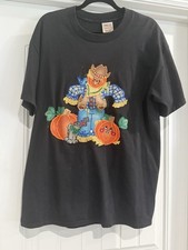 Vintage 90s Oneita Power T Shirt XL Black Scarecrow Pumpkin Puff Paint Fall Tee