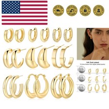 6 Pairs Chunky Gold Hoop Earrings Set for Women 14K Gold Plated Hypoallergeni...