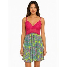 Josie Natori Lace Chemise Nightgown Pink Tropical Print Size M