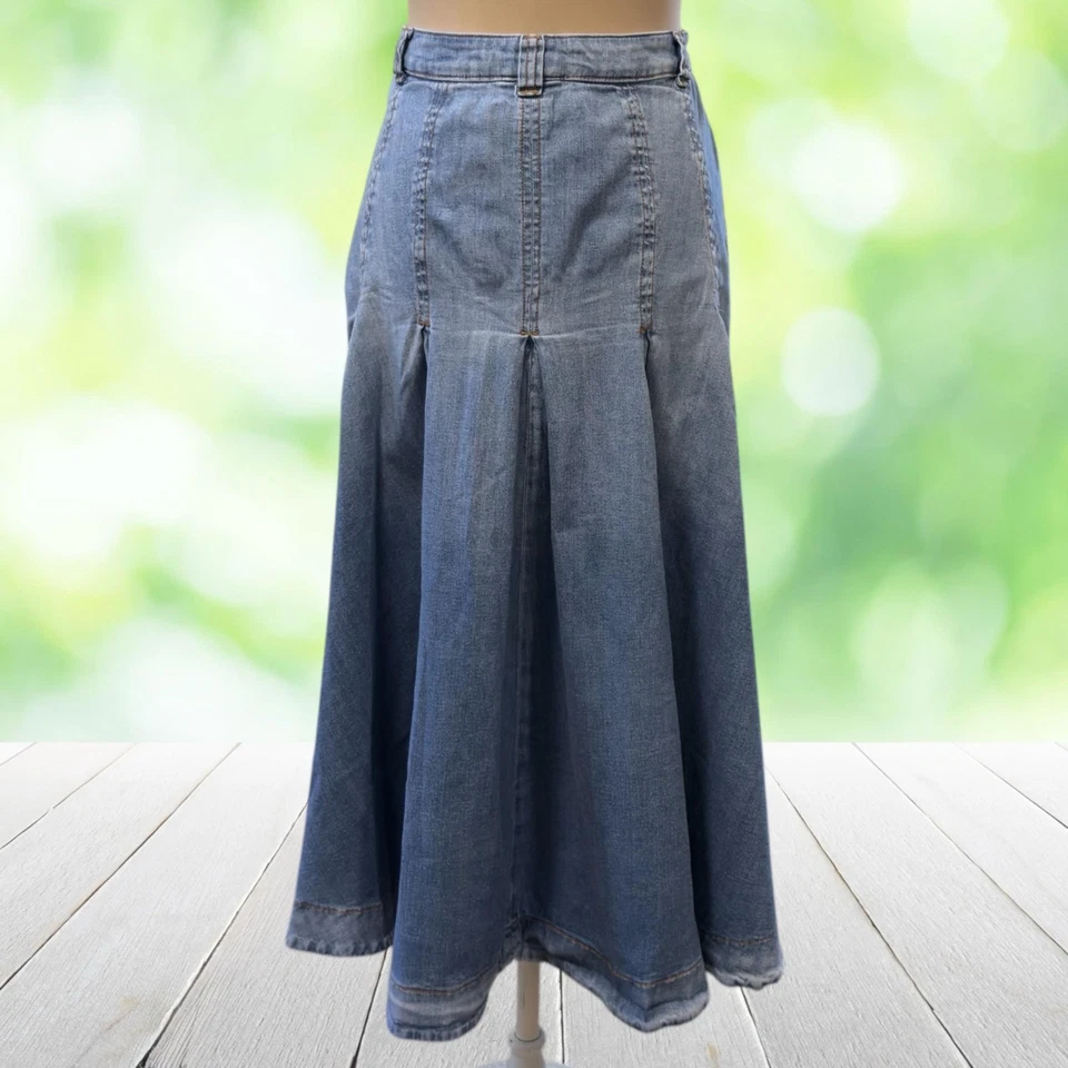 Falda vaquera SOFT AROUND para mujer mediana azul elástica línea A midi plisada Foto 2 de 4