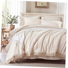 Boho Comforter Set 7 Piece with Tassel Lightweight Soft Fringe Queen Beige