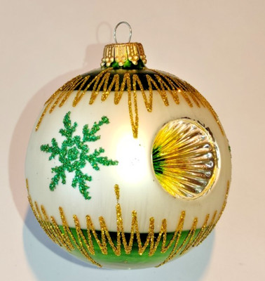 KREBS-GLAS Lauscha'' Reflex Weihnachtskugel Ø 8cm in Satin Weiß-Grün * 80