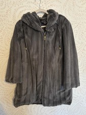 Iman Reversible Gray Faux Fur Hooded Coat with Drawstring M
