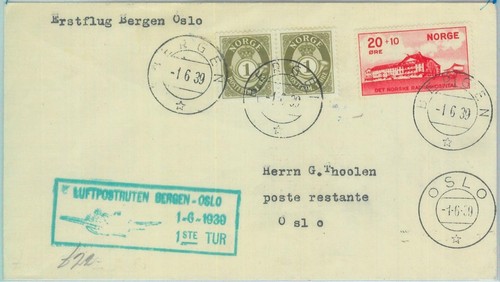 89733 - NORWAY - Postal History - FIRST FLIGHT: Bergen / Oslo # 69 1939 - Picture 1 of 1