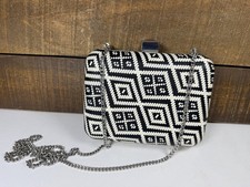 Zara Black White Geometric Box Clutch Purse, Silver Chain Strap, Clasp, Small