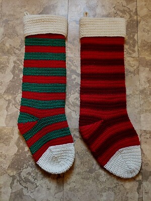 (2) Vintage Hand Crocheted Christmas Stockings -- Red Green White Kitsch
