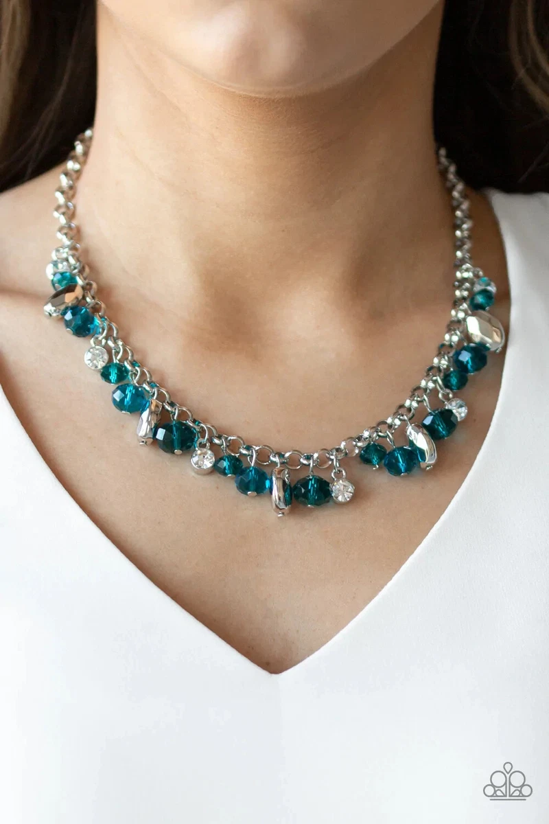 Paparazzi Necklace Downstage Dazzle Blue Crystal Like Beads