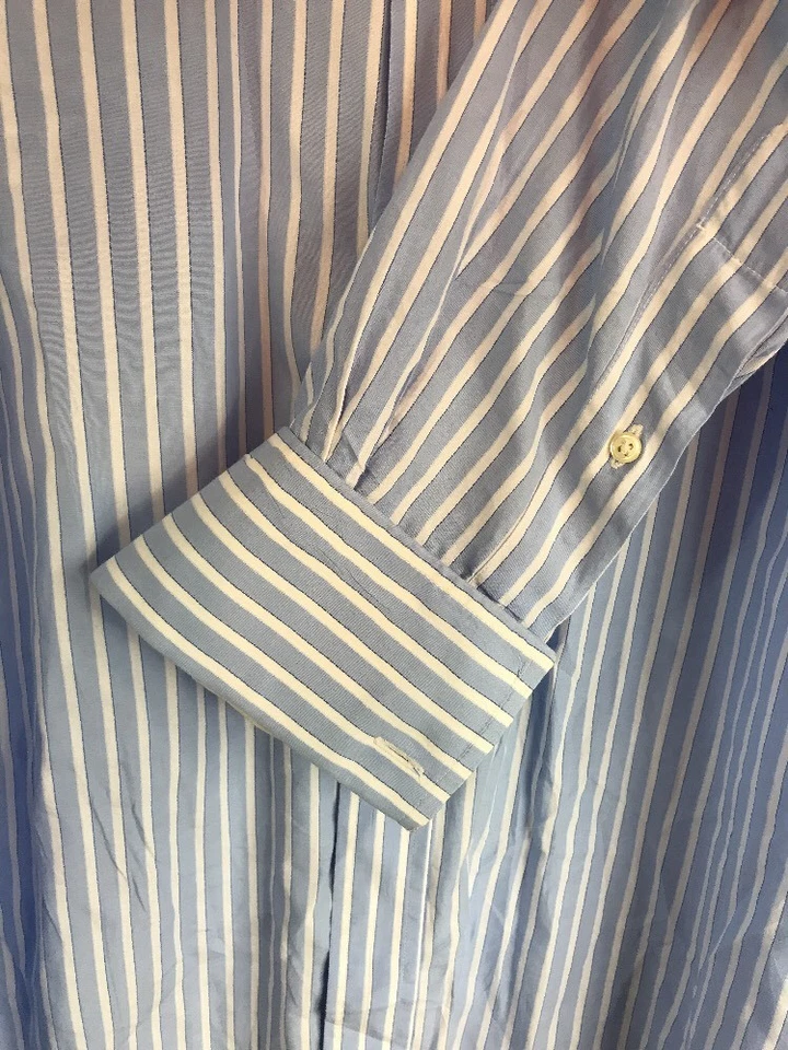 Camisa Tom James Hecha a Medida EE. UU. Talla 51" Azul Blanco Rayas Puño Francés Foto 4 de 4