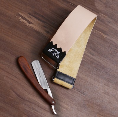WET SHAVE READY 2 PC- STRAIGHT EDGE RAZOR LEATHER SHARPENING STROP BELT +  RAZOR