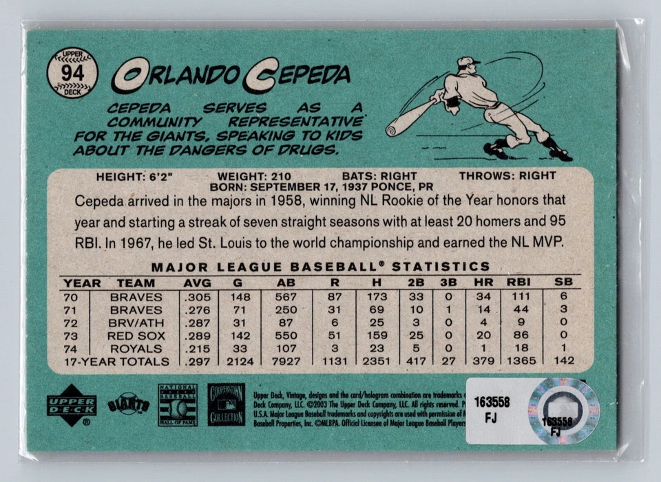 2003 Upper Deck Top Vintage #94 Orlando Cepeda Singed MLB  Card SF Giants - Image 2 of 2