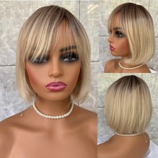 Chic Short Bob Cut Dark Roots Blonde Mix Synthetic Hair Wig With Bangs Women