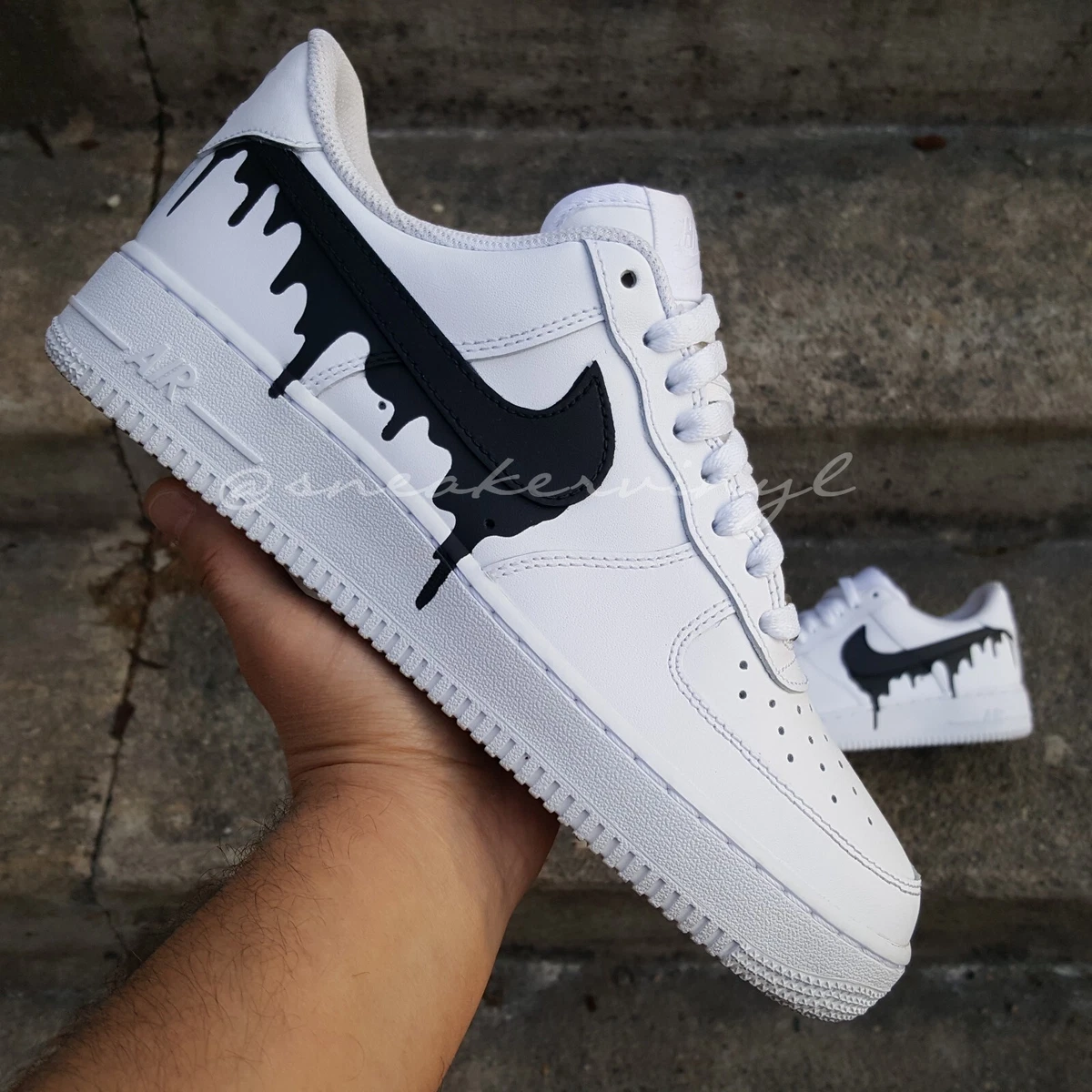 Nike Air Force 1 Low White Black Paint Drip Custom GS eBay