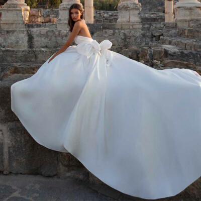 princess polly baby blue dress Satin Backless Bows Wedding Dresses Princess Strapless Court Train Bridal  Gowns