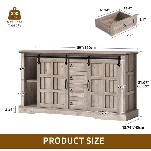 Farmhouse Sideboard Buffet Storage Cabinet Cupboard W/ 4 Drawer for Home Kitchen - Picture 7 of 19