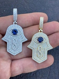 Authentic Real 925 Sterling Silver Evil Eye Hamsa Hand Pendant Icy CZ Necklace Gold Plated