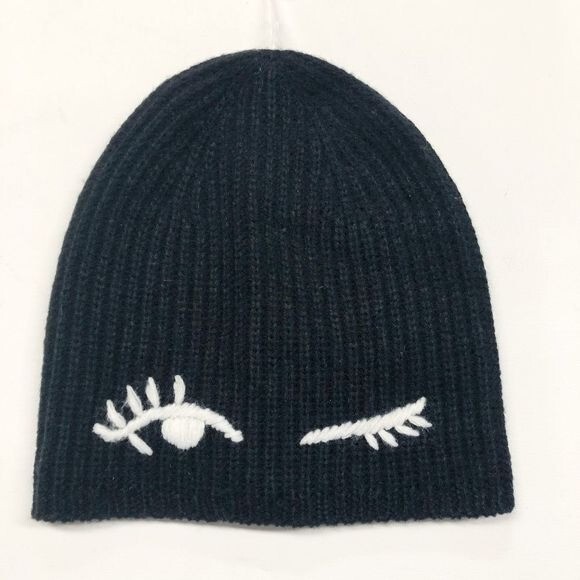 NWT kate spade new york Winking Beanie Wool Black Womens Hat Acrylic Knit Beanie Black White Winking Eye Hat  main image 3