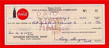 1955 Coca Cola Tell City Ind Old Bottling Co Check #15