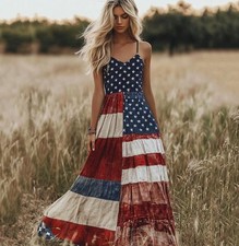 Women's US Flag Printed Summer Breathable Sleeveless Summer Beach Dress Fashion