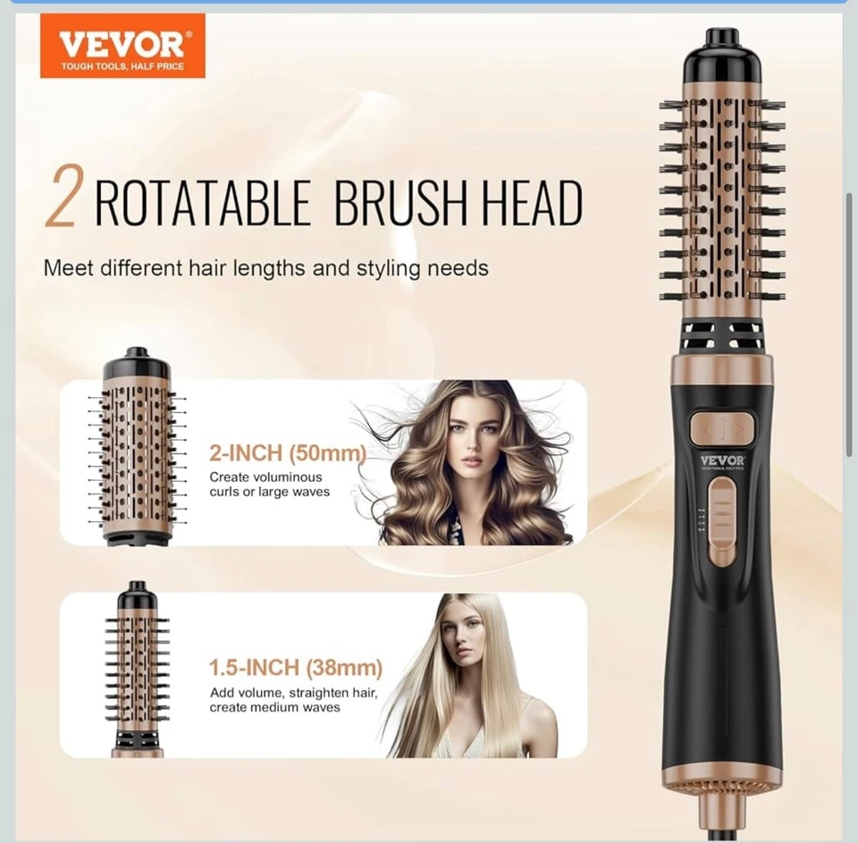 Cepillo Secador de Pelo Giratorio VEVOR Cepillo de Peinado de Aire Caliente con Cabezal de 1.5" y 2" Foto 2 de 4
