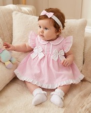 Baby Girl Dress Set Frilly Bows Striped Headband Pink