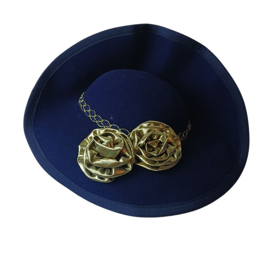 Joe Bill Miller Wide Brim Metallic Gold Hat NWT with Rosette Vintage VTG Joe Bill Miller Ladies Navy Wool Felt Fascinator Gold  main image 2