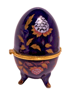 VINTAGE EGG SHAPED TRINKET BOX PORCELAIN COBALT BLUE & GOLD FOOTED 4'' TALL
