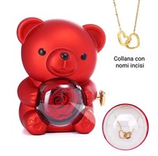 Collana cuore personalizzata + orsetto con rosa eterna rotante regalo donna