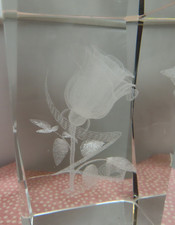 3  Crystal Clear Glass 3D Laser Etched Cube Paperweight Single Flower