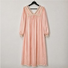 Vintage Christian Dior Peach Pink Satin Lace M Nightgown Long Sleeve Made in USA