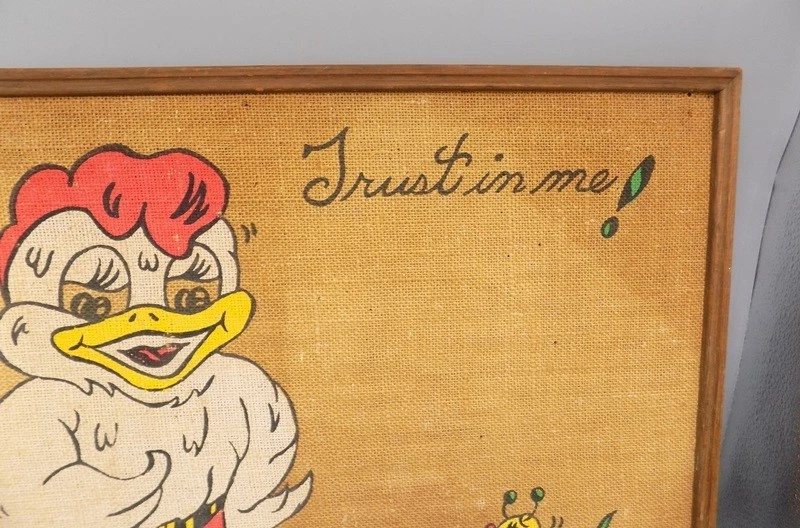 Vintage Tandy Corp. Burlap Bulletin Board Trust in Me Chicken Worm Cartoon 70's  - Image 2 of 4
