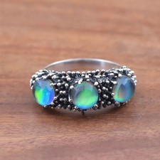 Aurora Opal 925 Sterling Silver Rings, Boho Handmade Statement Three Stone Ring