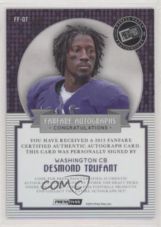 2013 Press Pass Fanfare Violet /25 Desmond Trufant #DT Rookie Auto RC - Image 2 of 2