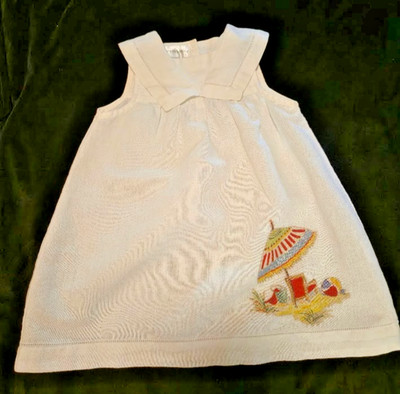 VTG Designs by Beverly Toddler White Beach Pinafore Dress Sun Embroidery Bow 2yr