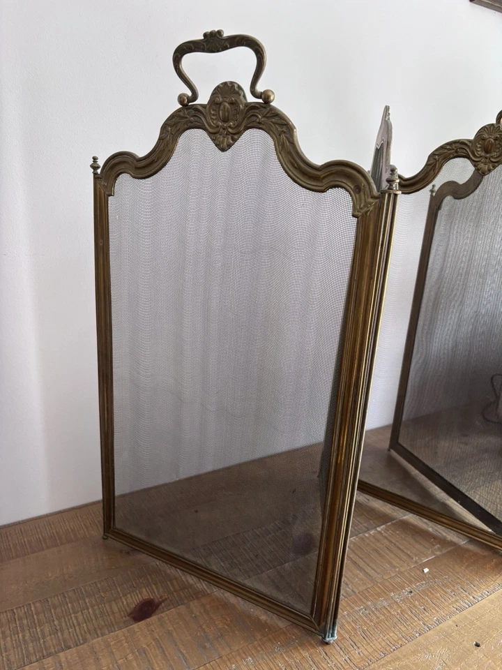 Ancien Pare-Feu Pare-Etincelles de Cheminée 4 pans en Laiton/Bronze Baroque - Photo 2/4