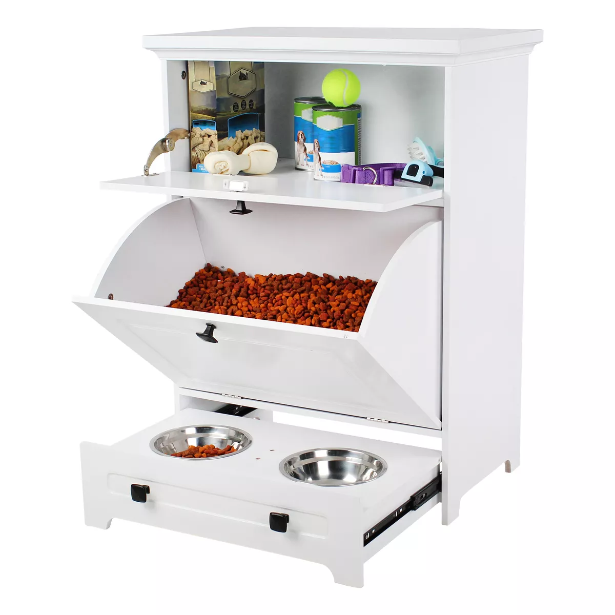 Pet feeding station with clearance storage