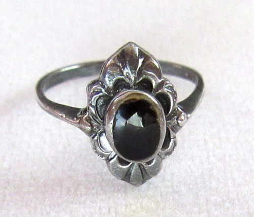 Vintage .925 Silber & Onyx Solitär Ring in Jugendstil Fassung