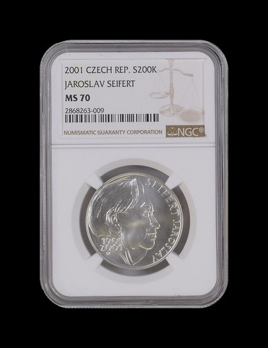 CZECH REPUBLIC. 2001, 200 Korun, Silver - NGC MS70 - Top Pop 🥇 Jaroslav Seifert - Picture 2 of 6