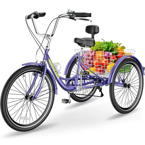 Adult Tricycle Trike 7 Speed 20/24/26in 3-Wheel Bike w/ large Basket for senior
