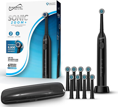 Supersonic Sonic ZOOM +TB-1000 Toothbrush 6 Heads & Wireless  Rechargeable Black