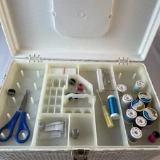 Vintage Plastic Sewing Box with Tray & Vintage Miscellaneous Notions 13” X 8”