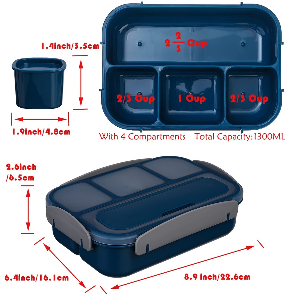Bento Box 1300ml 4 Compartment Lunch Container for Adults Kids Toddlers Blue with Spoon