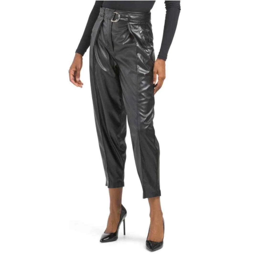 NEW Shinestar Women s Faux Leather High Rise Taper Pants With Belt