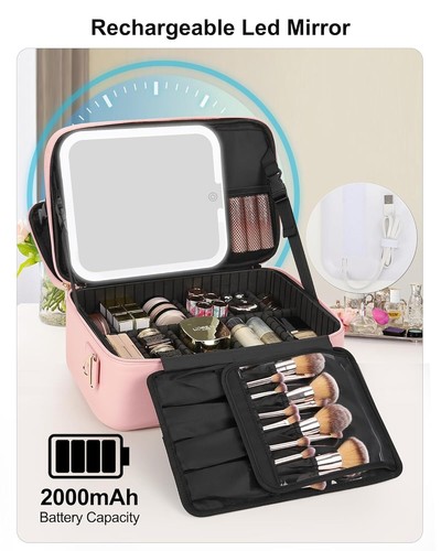 Relavel Travel Makeup Bag with LED Mirror,Portable Organizer with Dividers,Black - Picture 99 of 130