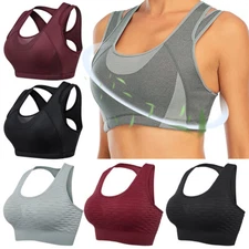 Ladies Gym Workout Sports Bra High Impact Double Cross Back Wirefree Mesh USA