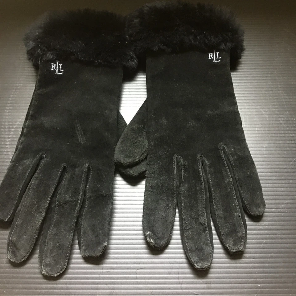 Guantes de gamuza negros vintage años 90 Lauren Ralph Lauren con puño giratorio de piel de conejo talla M Foto 2 de 4
