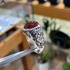 Authentic Red Blood Yemeni Aqeeq Ring Oval Cabochon Agate Stone For Men