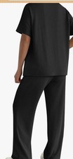 Black Relaxed 2 Piece Set with Short Sleeve Round Neck Top  Straight Pants