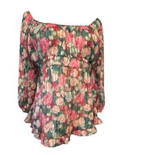 Floral Off-the-Shoulder Ruffle Long Sleeve Blouse Pink Green White