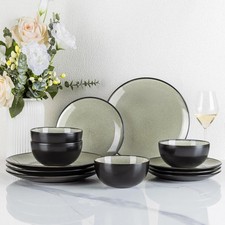 Image of 12pc Stoneware Dinner Set Plates Bowls Sage Green Dishwasher Safe