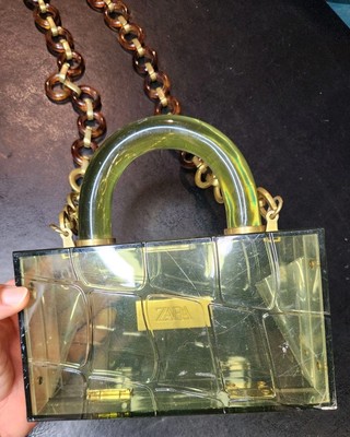Zara Bag Green Box With Chain Magnet Closure Square Plastic FLAWED 